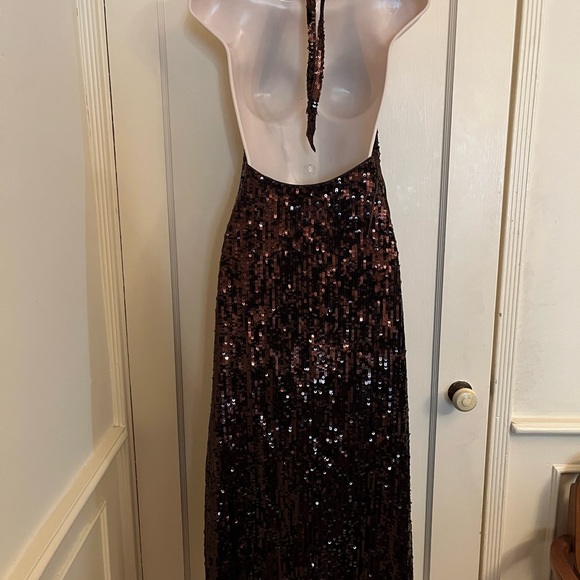 Zara Chocolate Brown Sequin Halter Maxi Dress NWT - Picture 4 of 11
